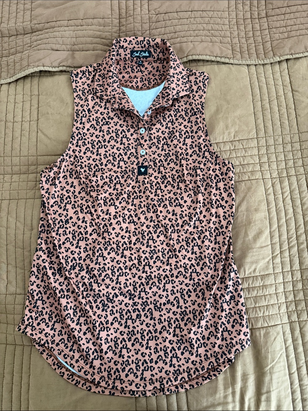 Bad Birdie Black Brown Leopard Print Sleeveless Polo - Size M